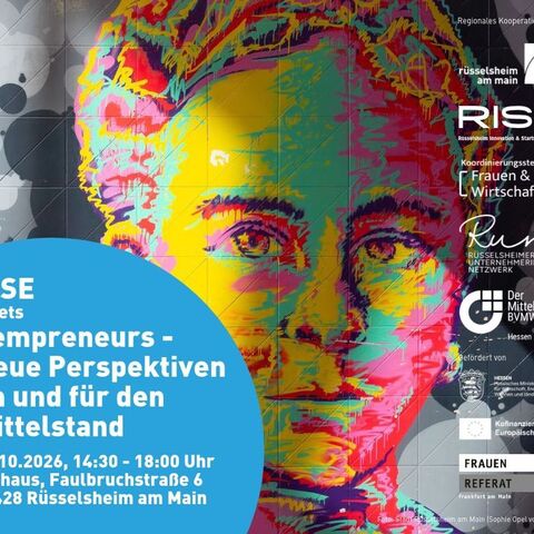Buntes Pop-Art-Bild einer Frau in leuchtenden Farben. Daneben blauer Kreis mit weißem Text: Rise meets Fempreneurs. 